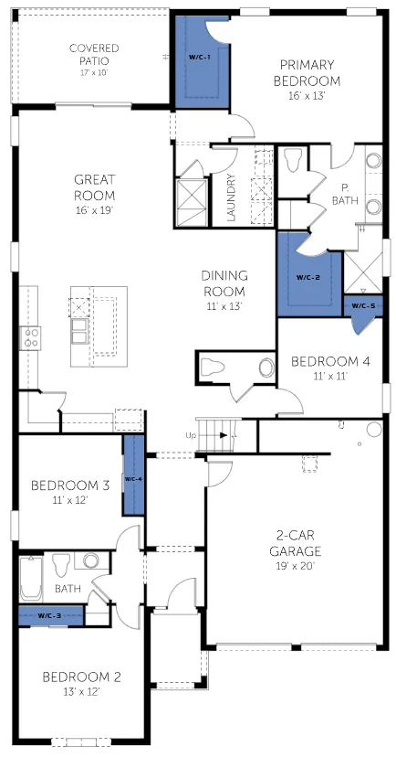 Anna Maria floor plan, with the closets highlighted