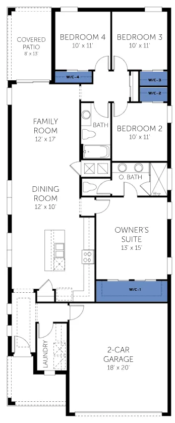 Aspen floor plan, with the closets highlighted