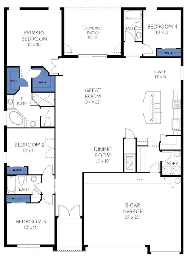 Avalon floor plan, with the closets highlighted