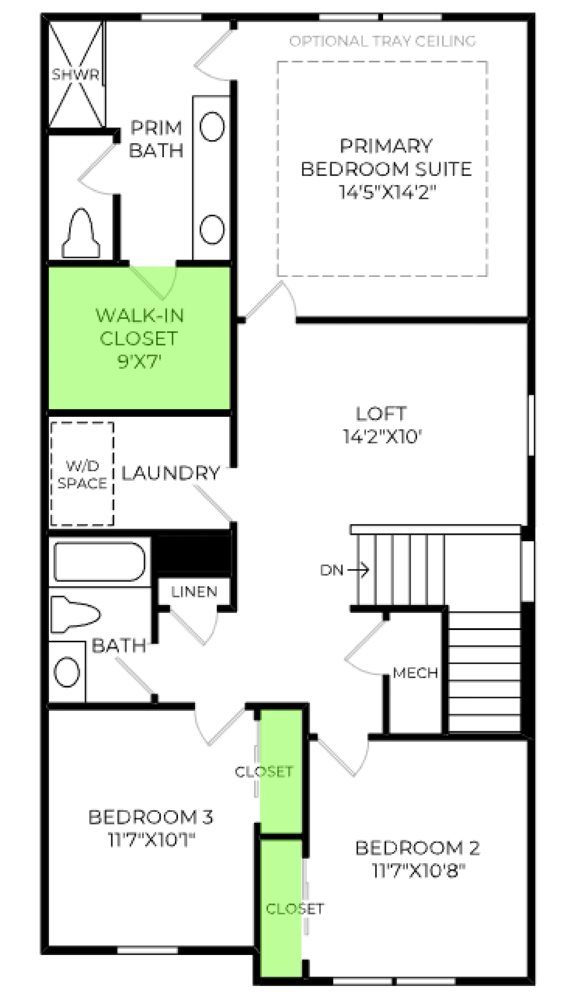 Bellamy floor plan, with the closets highlighted