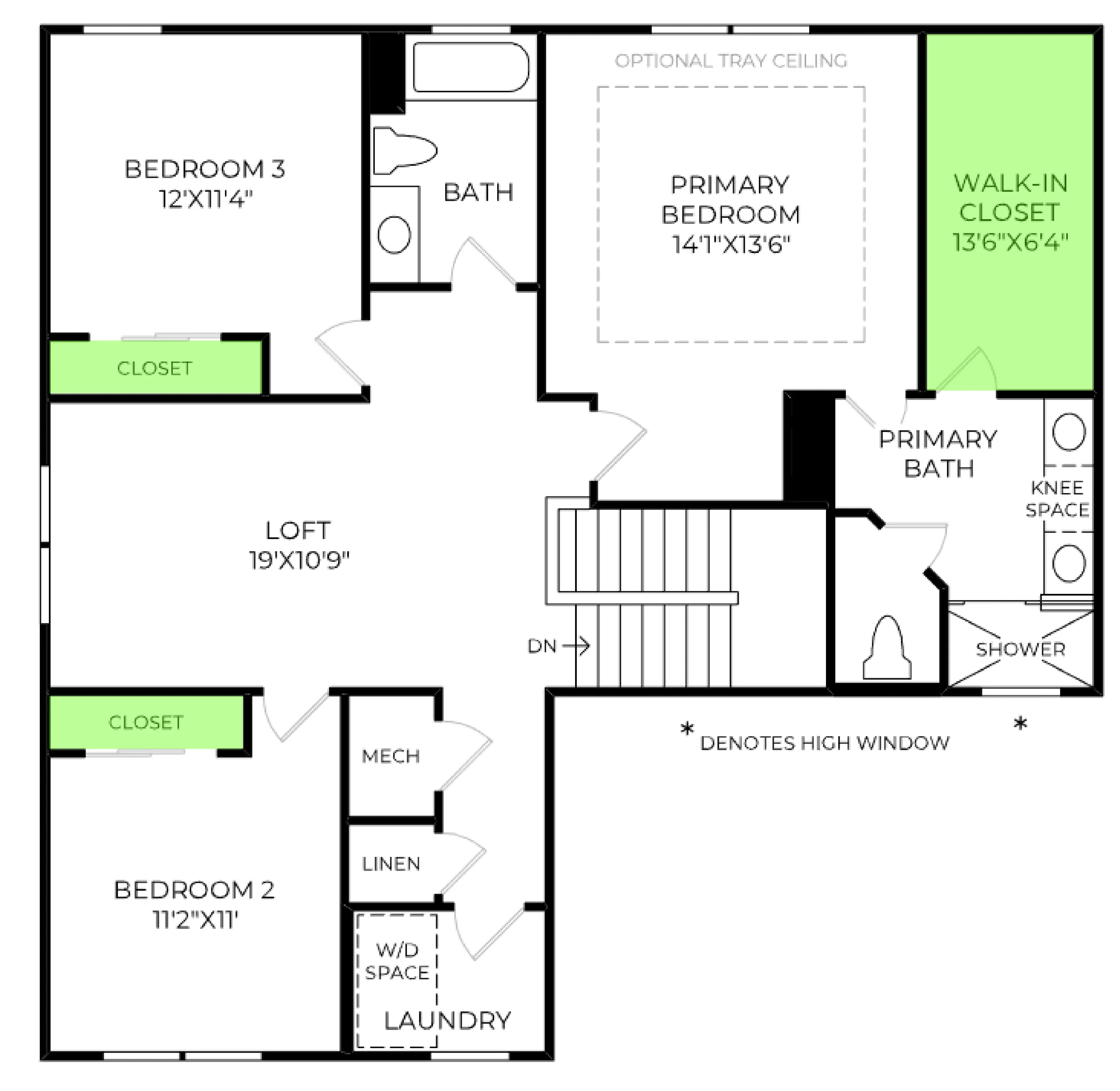 Brookton floor plan, with the closets highlighted