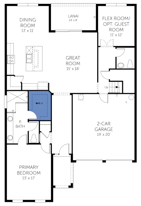Captiva floor plan, floor 1, with the closets highlighted