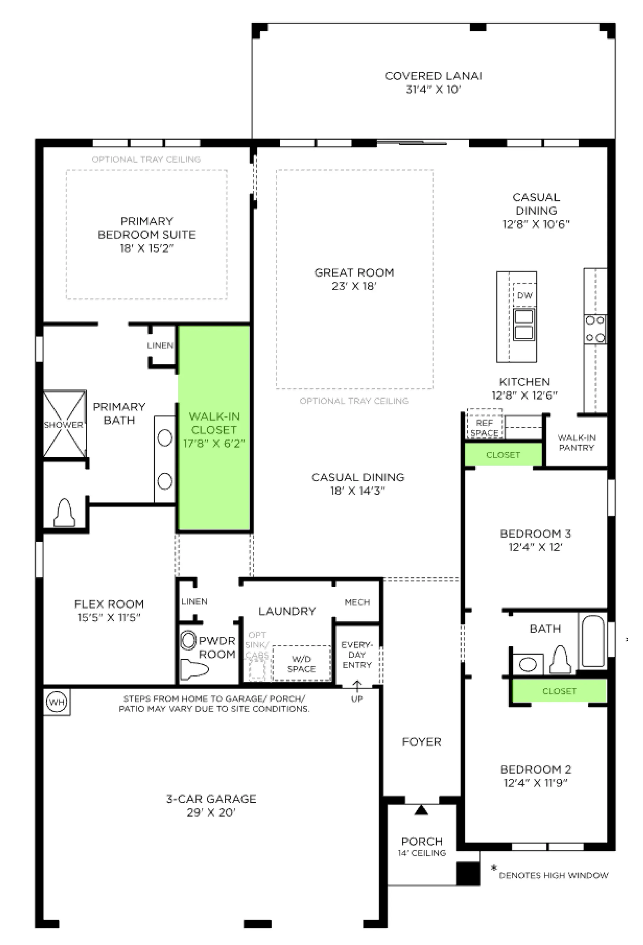Chapleton Transitional floor plan, with the closets highlighted