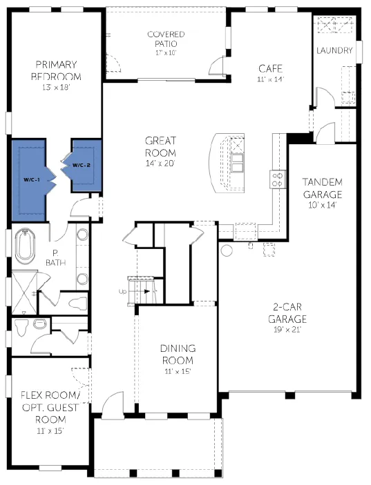 Ellington II floor plan, floor 1, with the closets highlighted