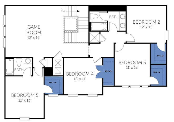 Ellington II floor plan, floor 2, with the closets highlighted