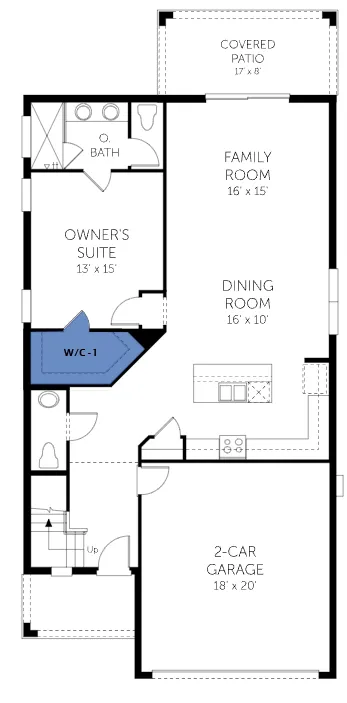 Elm floor plan, floor 1, with the closets highlighted