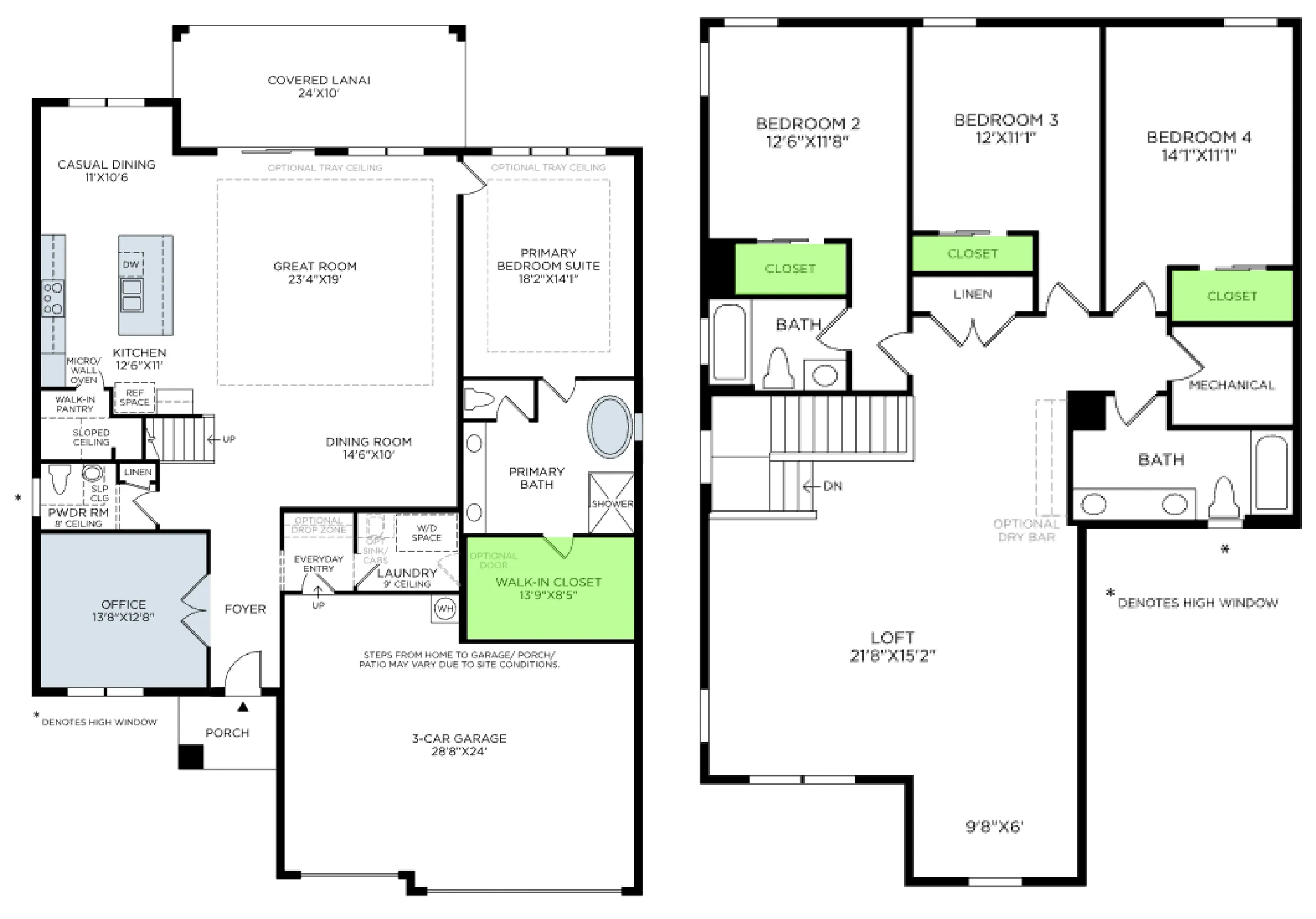 Georgette Contemporary floor plan, with the closets highlighted