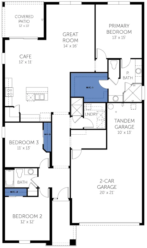 Lexington floor plan, with the closets highlighted