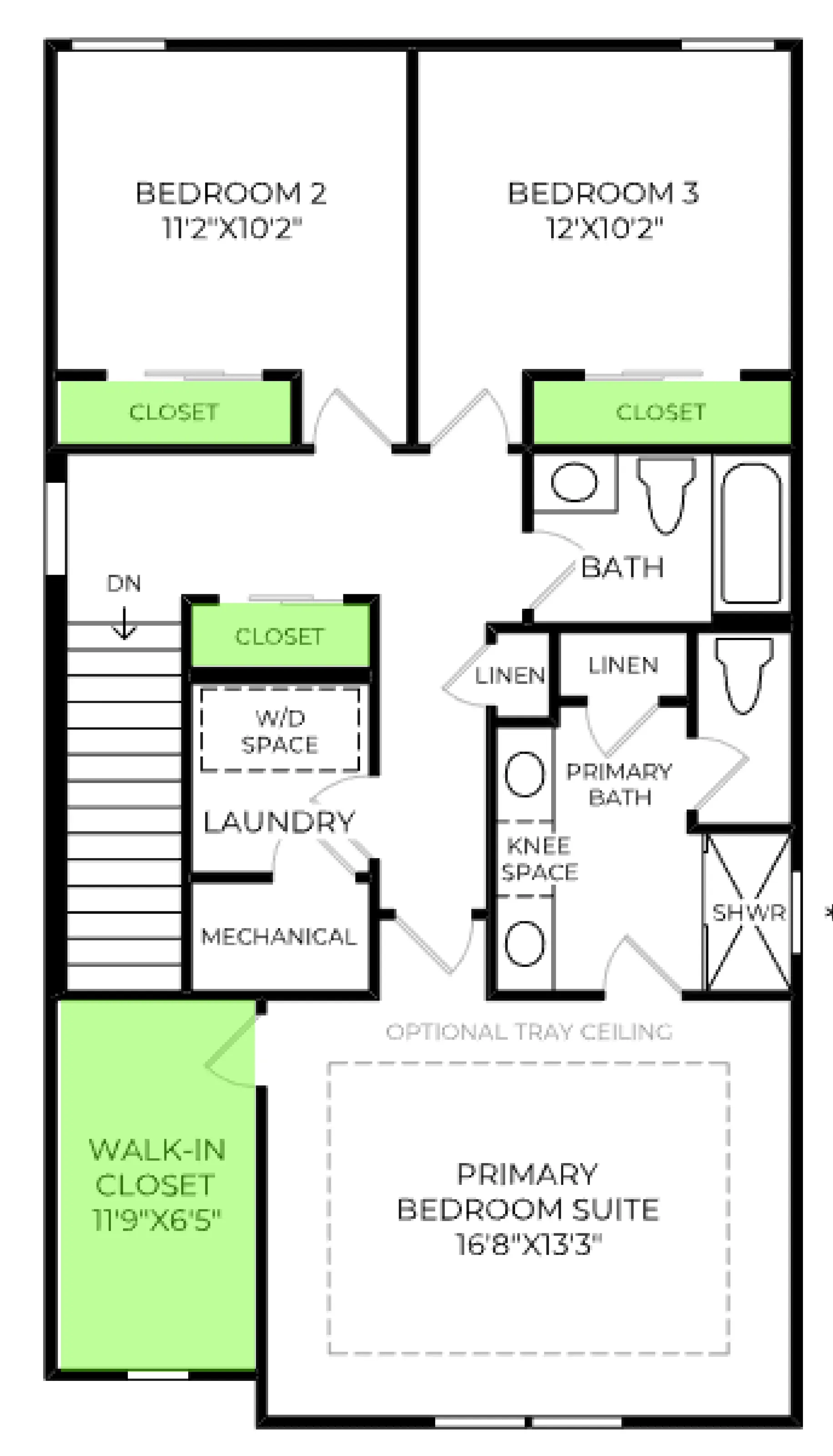 Liston floor plan, with the closets highlighted