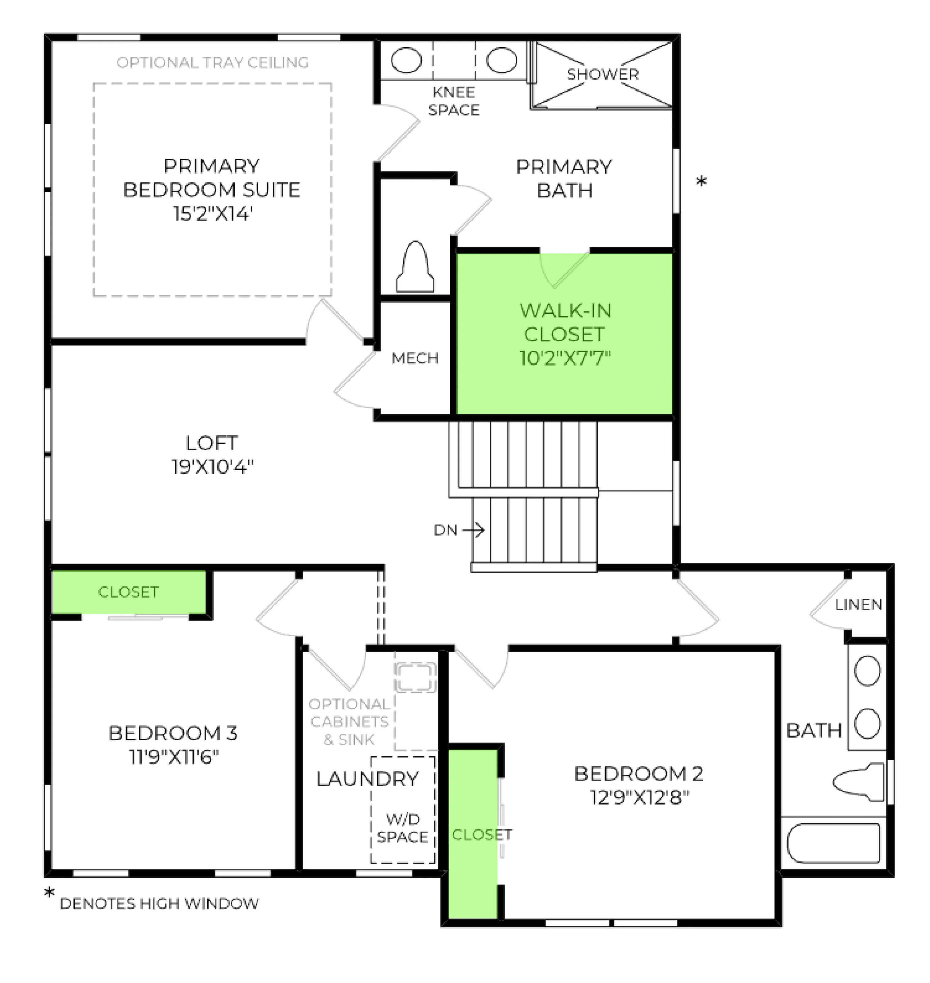 Maymont floor plan, with the closets highlighted